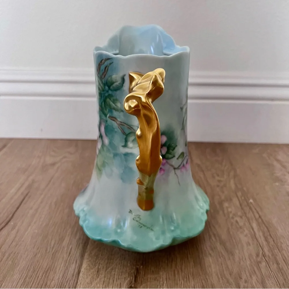 8.5” Hand Painted Flower Pitcher Tankard Artist Dorothy Gunningham Signed 1973‎